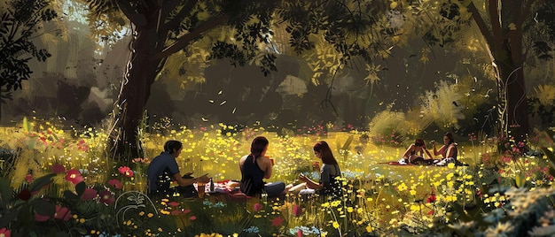 Friends Having a Picnic in a Peaceful Meadow