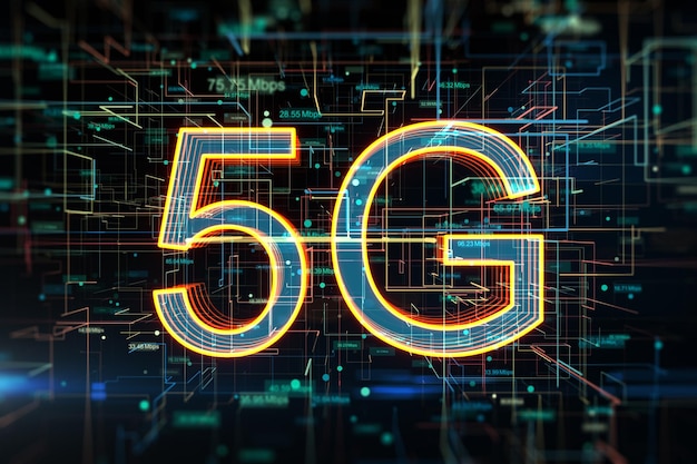 Frontvisning på 5G digitale glødende symboler på abstrakt teknologisk bakgrunn med hastighetsindikatorer 5G-nettverk trådløs internettforbindelse og kommunikasjonsnettverkskonsept 3D-gjengivelse