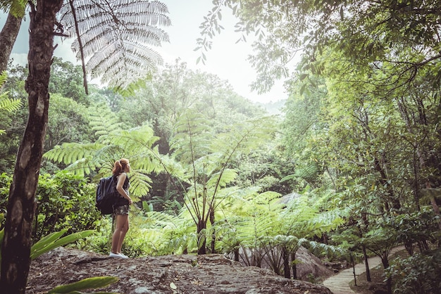 Full length of woman standing amidst trees in forest