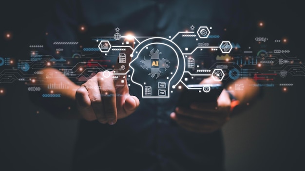 Future technology virtual screen interface Hand businessman holding screen interface AI Artificial Intelligence concept