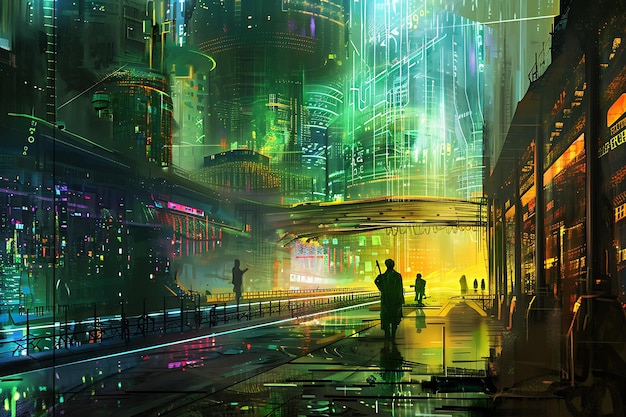 Futuristic Cityscape with Silhouettes of People Walking in the Street