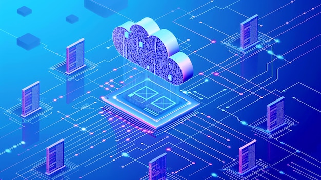 Futuristic depiction of cloud computing and network infrastructure with glowing data servers