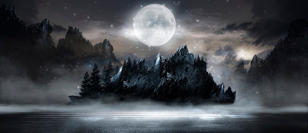 futuristic fantasy abstract night landscape with island moonlight shine