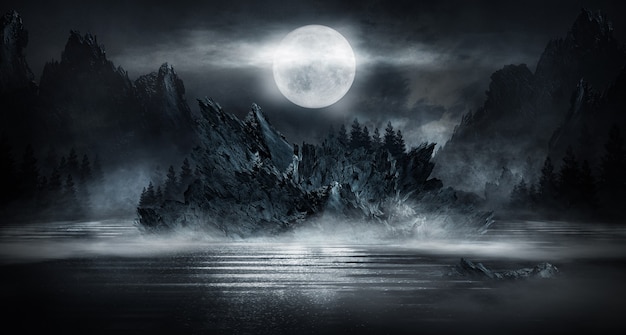 futuristic fantasy abstract night landscape with island moonlight shine