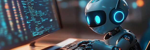futuristic robot programming at computer with coding screen in tech environment