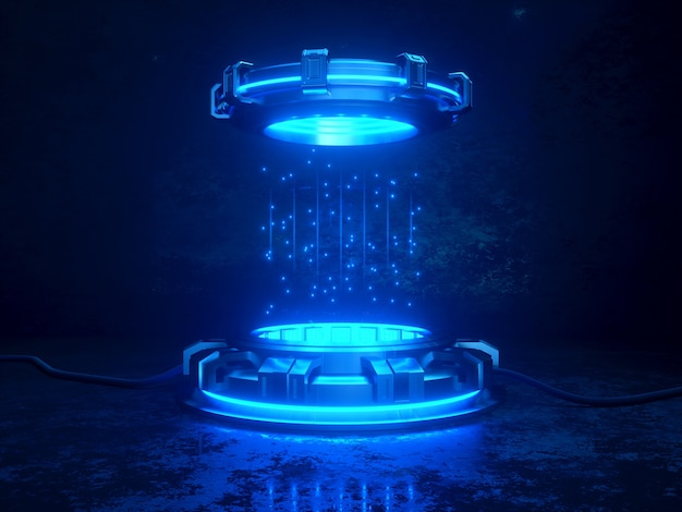 Futuristisk 3D-gjengivelse mockup. Illustrasjon med romtema. Cyberplattformer og kabler med glødende neonlys.
