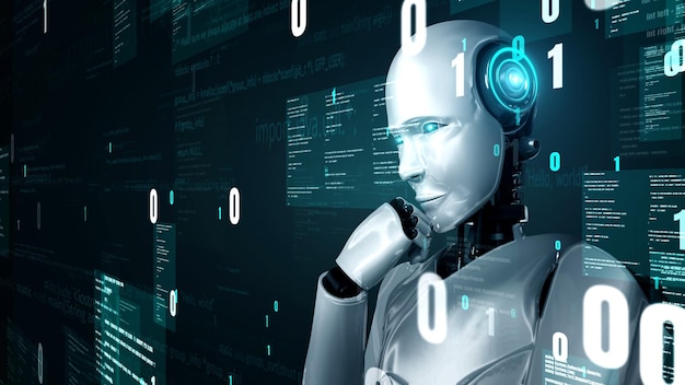 Futuristisk robot, kunstig intelligens, menneskelignende AI, programmeringskoding