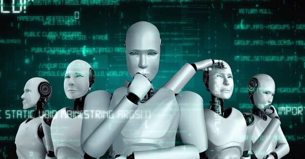 Futuristisk robot, kunstig intelligens, menneskelignende AI, programmeringskoding