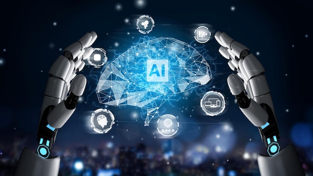 Futuristisk robot, kunstig intelligens, revolusjonerende AI-teknologikonsept