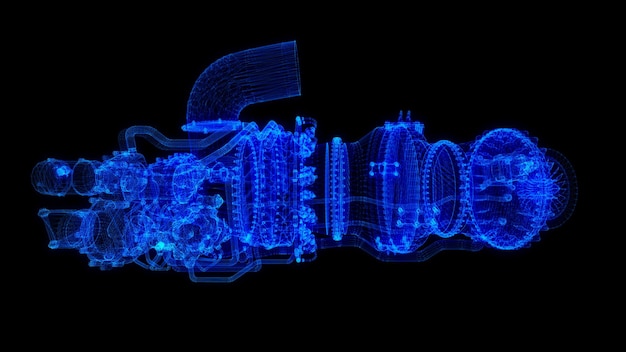 gas turbine engine blue particle and lines form 3d model 3d rendering