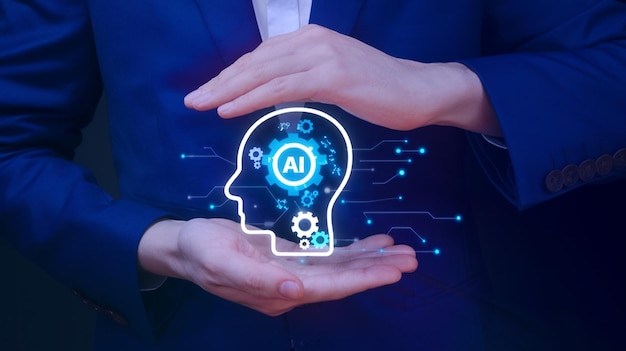 Generative AI Answer Businessman using AI to generate something Customer support laptop assistant