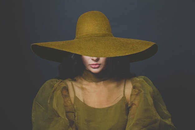 Glamorous woman brunette wearing wide broad brim hat on black background