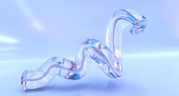 glass rainbow spiral tube with dispersion effect crystal iridescent composition abstract wavy shape with holographic gradient clear liquid object isolated on blue background 3d render illustration