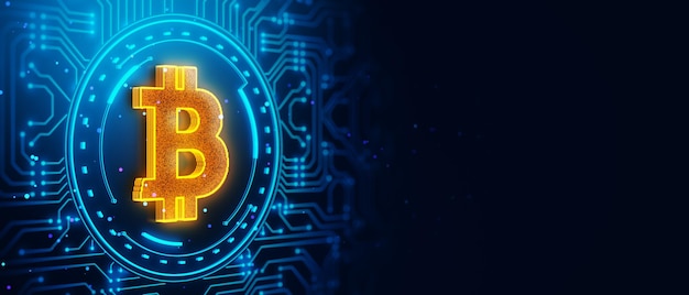 Glowing Bitcoin symbol on digital circuit background 3D Rendering