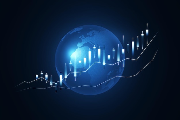 Glowing blue business chart hologram with globe on blurry background Stock trade and finance concept 3D Rendering
