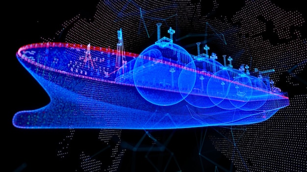 glowing blue light d model gas carrier lng with lines dots and particles