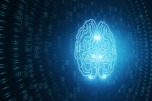 glowing brain hologram with binary coding on blue texture programming machine learning and artificial intelligence concept