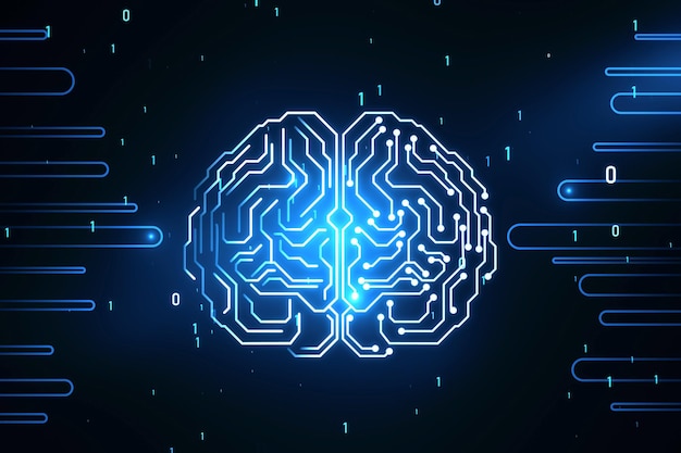 glowing circuit human brain hologram on blurry background with coding artificial intelligence neurology technology and future concept 3d rendering