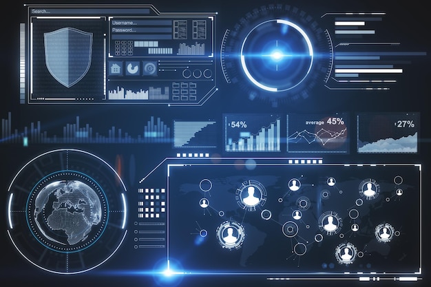 glowing digital business interface on dark background future and innovation concept 3d rendering