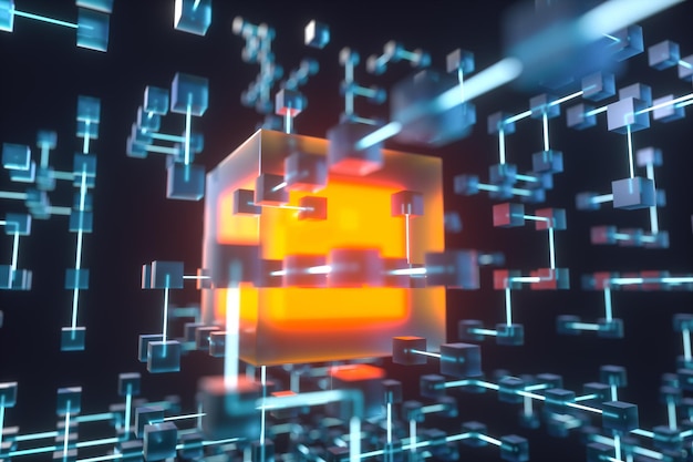 Glowing lines and cubes technical and scientific background 3d rendering