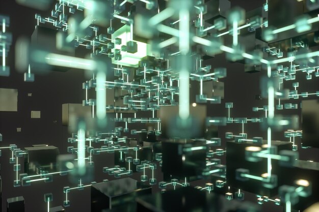 Glowing lines and cubes technical and scientific background 3d rendering