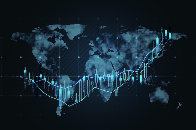 Glowing map and forex chart hologram on dark wallpaper Trade finance and stock concept 3D Rendering