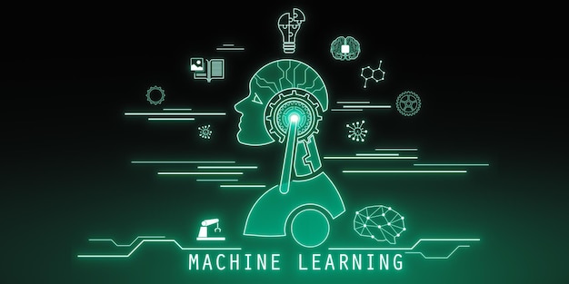 Glowing robot head and icons on dark blurry wallpaper Chat GPT machine learning and AI concept 3D Rendering