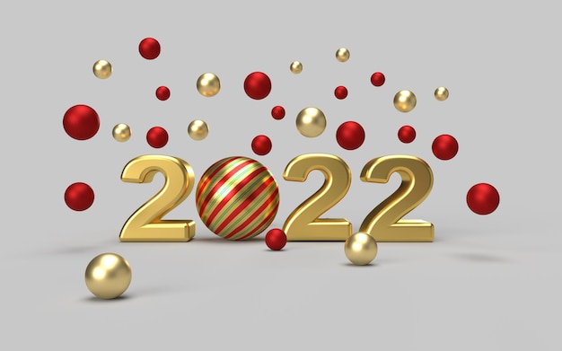 gold 2022 with striped christmas bauble and falling red and gold balls isolated on grey background