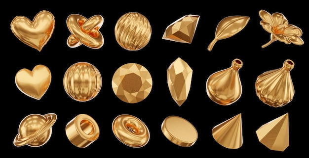 Gold Object geometry shape set isolated background 3d rendering