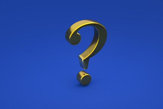 gold question mark sign minimal on blue background, 3d render, minimal and copy space