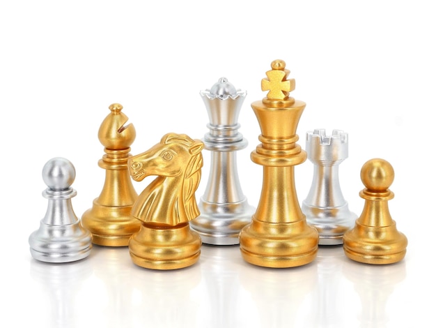Golden chess group isolated on white background Business strategy brainstorm Teamwork Concepts