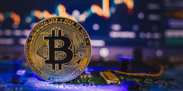 Golden cryptocurrencies Bitcoin golden coin on computer circuit board banner copy space