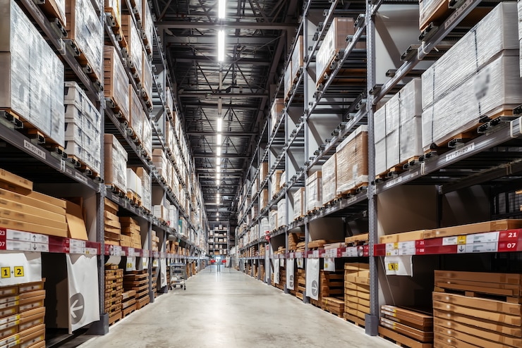 Foto goods on shelves of distribution center warehouse