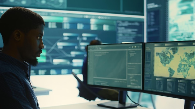 Governmental hackers analyzing data for cyber threat detection