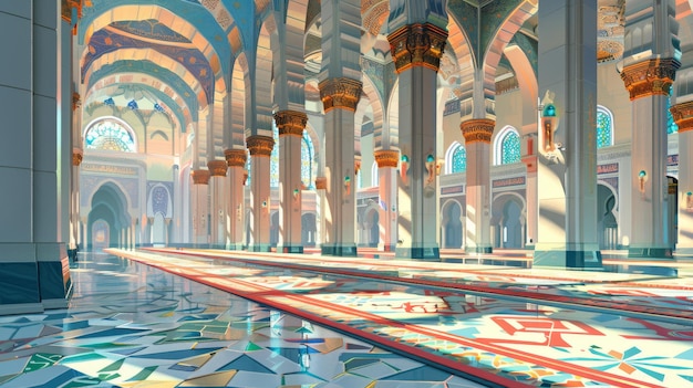 Grand mosque interior with intricate tile work and worshippers praying on beautifully designed praye