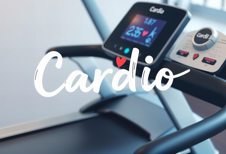 Foto graphic handdrawn text of cardio with sleek fast letters with a background of a treadmill and h