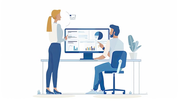 Graphic illustration 2d design of man and woman working together on computer sitting at desk