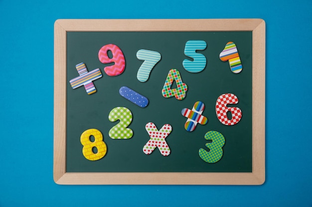Green chalkboard with wooden frame colorful math operation signs and numbers blue background