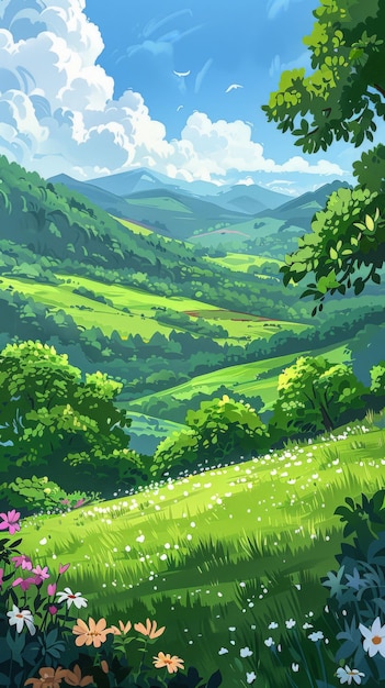 green hills sunny day cartoon