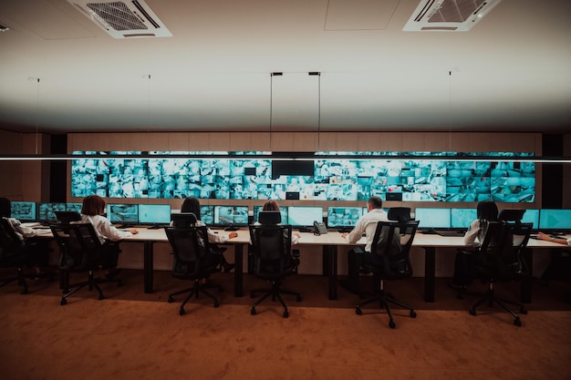 Group of Security data center operators working in a CCTV monitoring room looking on multiple monitors Officers Monitoring Multiple Screens for Suspicious Activities Team working on the System Contr