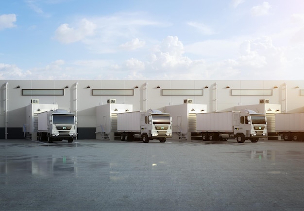 Gruppe med logistikk-tilhengere eller lastebiler ved lager