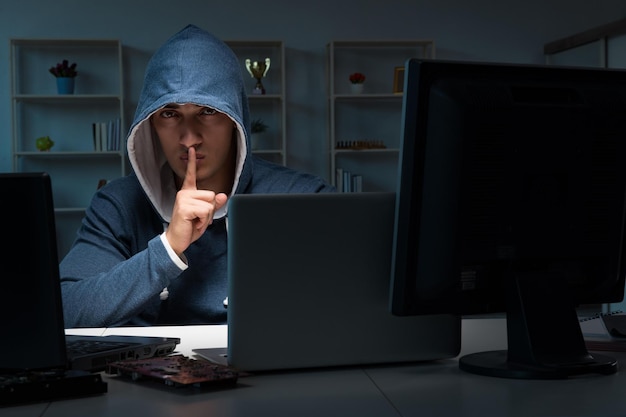 hacker hacking computer at night
