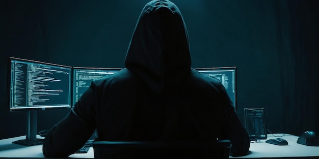 Hacker in front of a computer monitor Cyber attack concept
