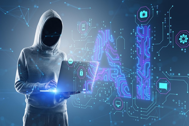 Hacker in hoodie using laptop with glowing blue AI hologram on blurry background Artificial intelligence technology and innovation concept