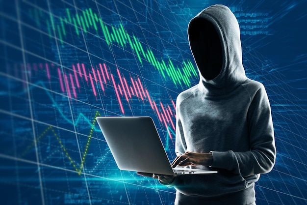 hacker using laptop on abstract grid background with forex candlestick chart hacking malware data and trade concept