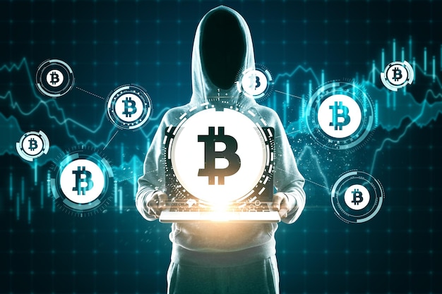 Hacker with bitcoin icons