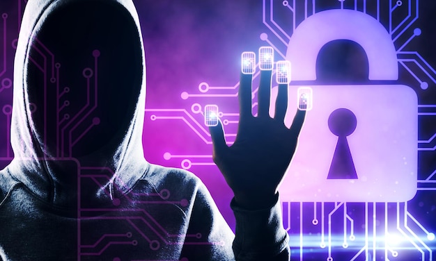 Hackerhånd som bruker abstrakt hengelås fingeravtrykksgrensesnitt på uskarp bakgrunn Tilgangs- og sikkerhetskonsept Dobbel eksponering