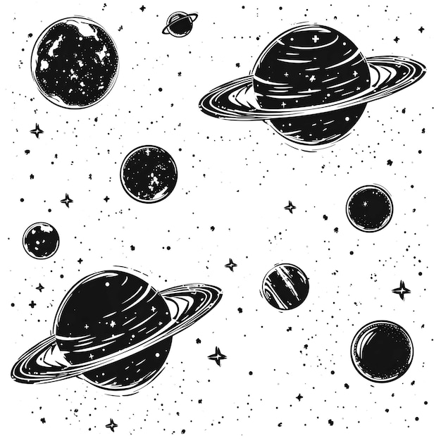 Hand drawn seamless pattern of line art planet icons