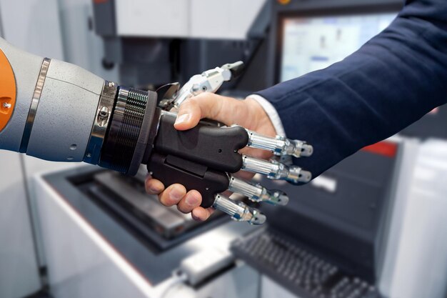 hand of a businessman shaking hands with a android robot. the concept of human interaction with artificial intelligence.