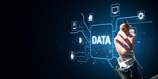 hand touching virtual data interface with digital icons on dark background
